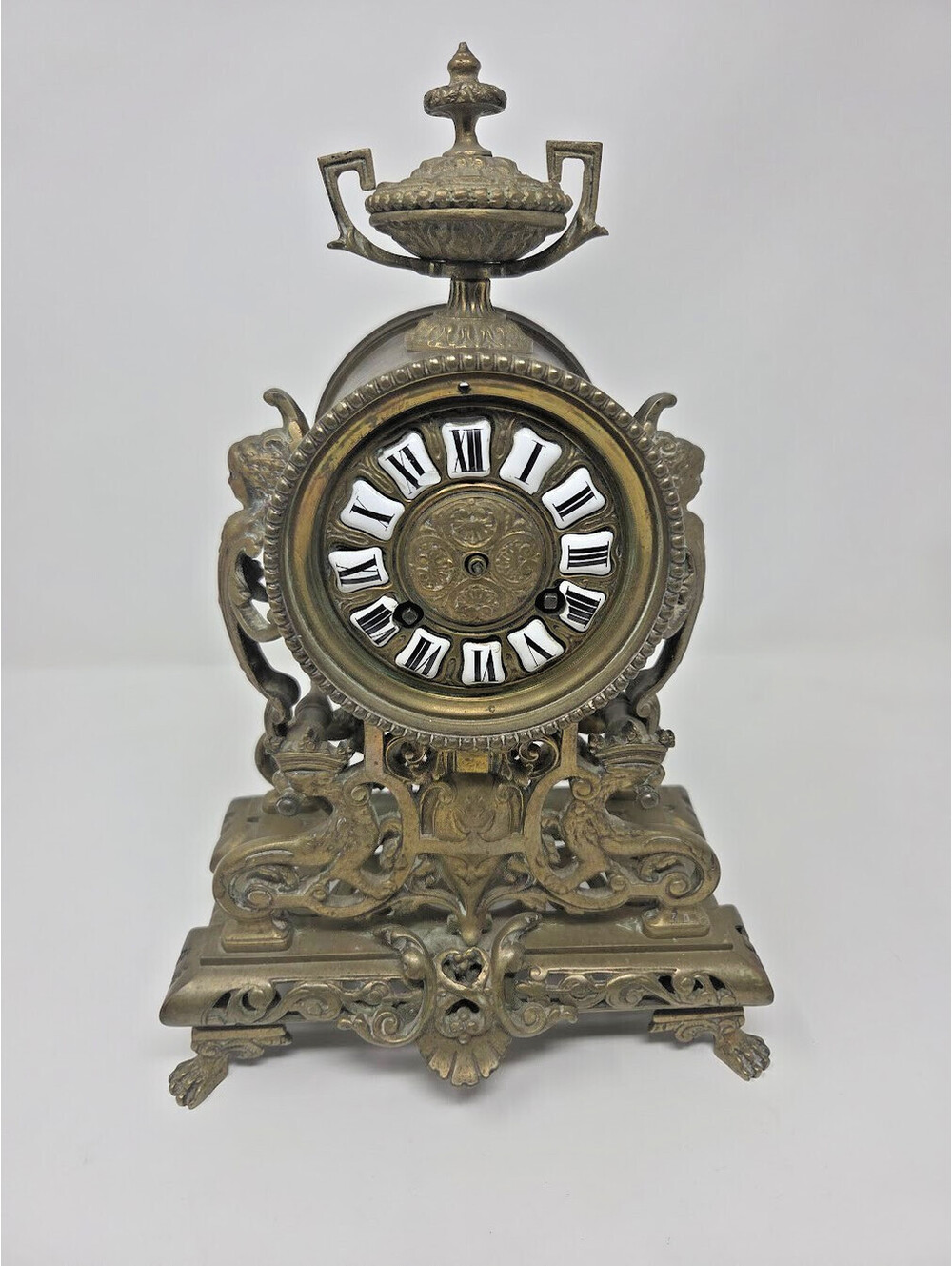 19th Century French Ornate Brass Mantel Clock With Roman Numeral Enamel Dial